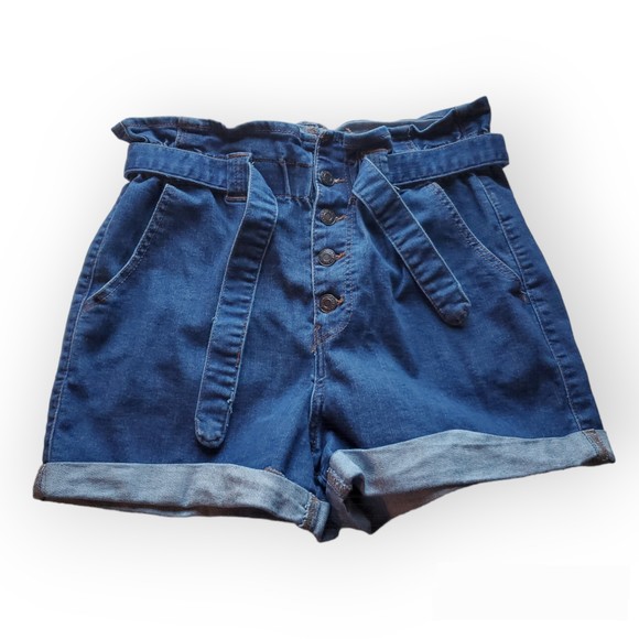 Women's High Waisted size M paperbag elastic with tie waist Denim jeans Shorts - Picture 2 of 11